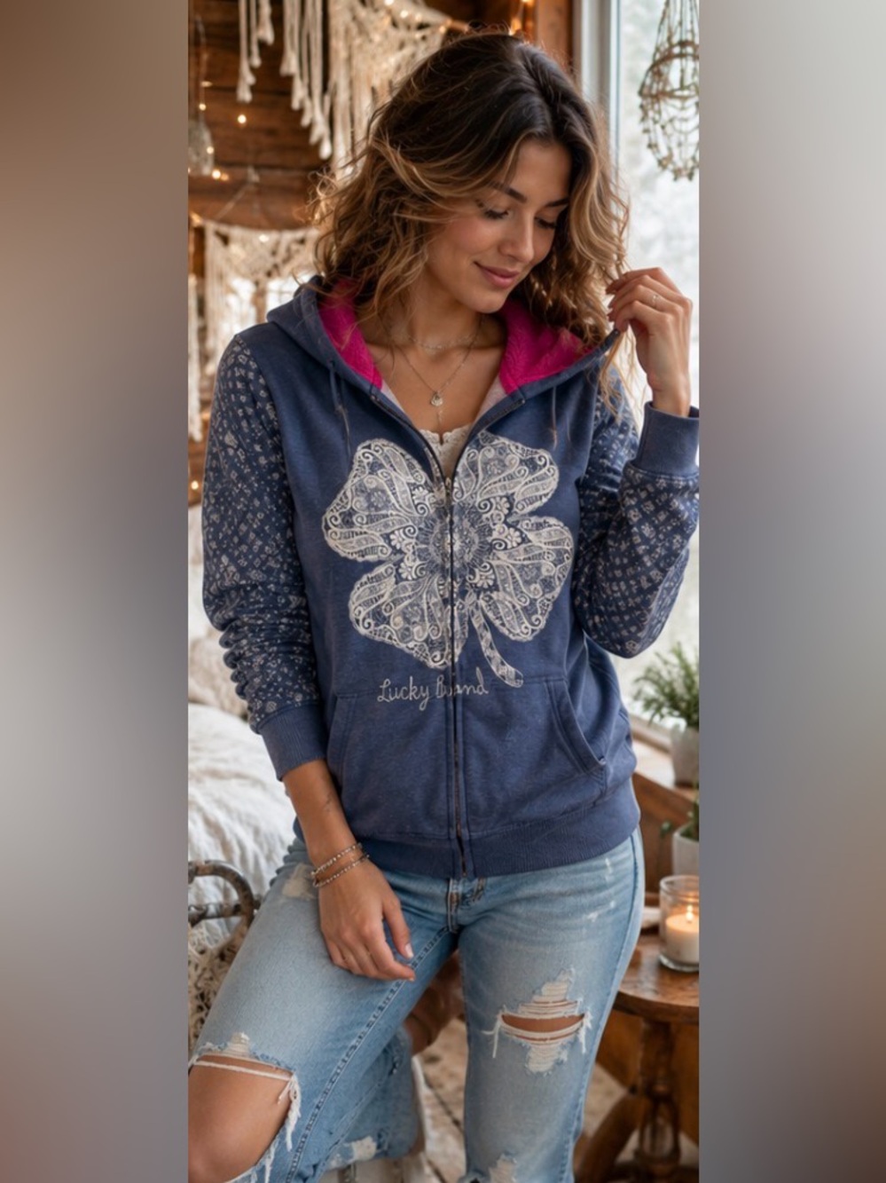 Vintage Lucky Brand Plush Lined Clover Hoodie Boho Cozy Y2K Festival Western, S